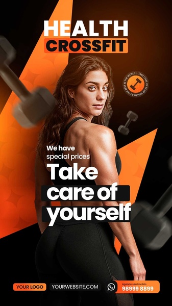 A vertical gym ad featuring a fitness model and high-impact typography to highlight special pricing and wellness goals.